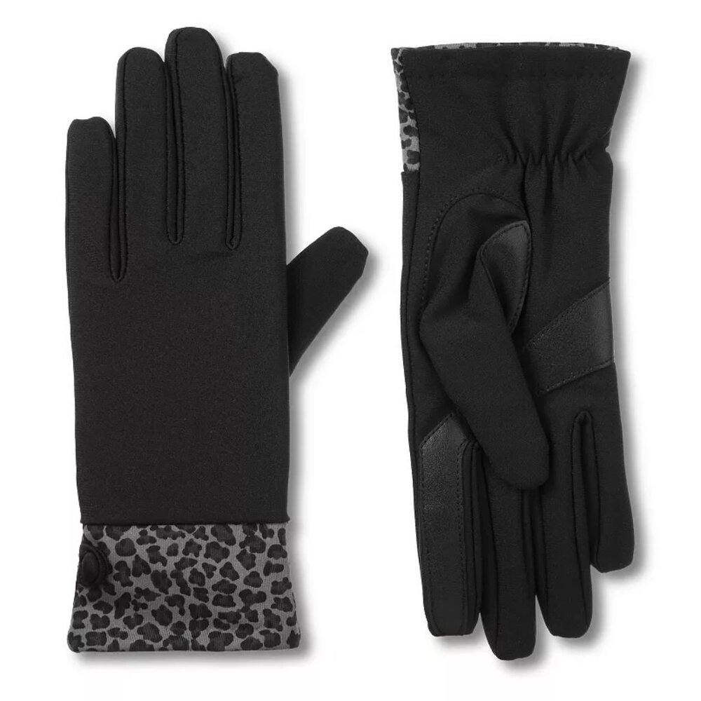 WOMEN'S ISOTONER GRAY/BLACK GLOVES W/ LEOPARD PRINT, SIZE S/M, NEW WITHOUT TAGS,